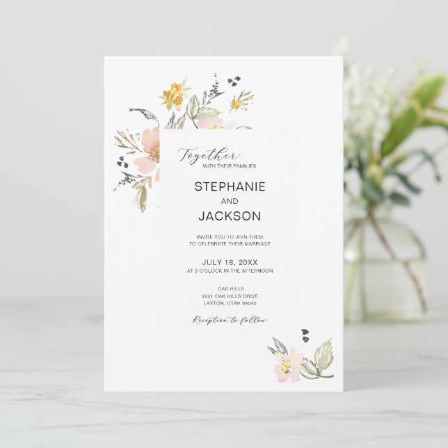 Convite Casamento com Floral em Rosa Poeirento Elegante em (Em pé/Frente)