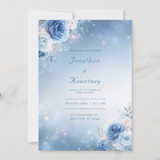 Convite Casamento com Floral Limite Brilho Azul Pó (Frente)