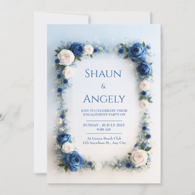 Convite Casamento com Floral Limite de Azul Pó Marfim (Frente)