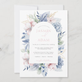 Convite Casamento com Floral Monograma Azul Elegante e Emp