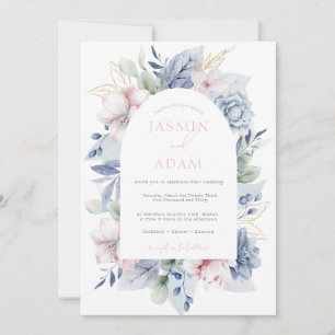 Convite Casamento com Floral Monograma Azul Elegante e Emp