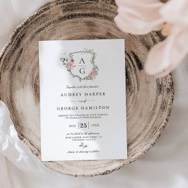 Convite Casamento com Floral Monograma em Rosa Bege Elegan
