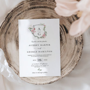 Convite Casamento com Floral Monograma em Rosa Bege Elegan