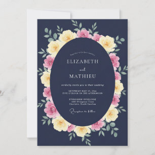 Convite Casamento com Floral Pastel Naval em Aquarela
