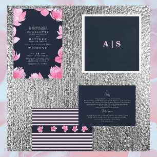 Convite Casamento com Floral Rosa e Azul Marinho em Aquare