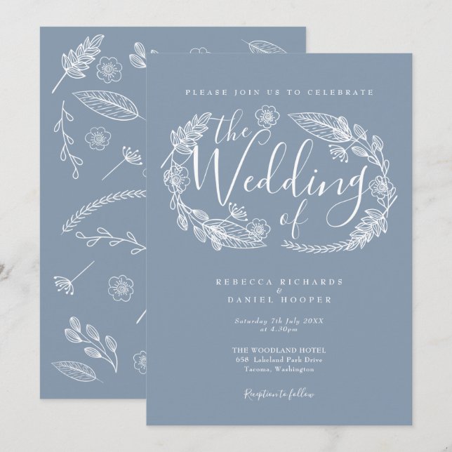 Convite Casamento com Floral Rústico Desenhado à Mão em Az (Frente/Verso)