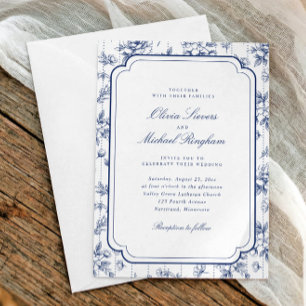 Convite Casamento com Floral Toile Azul-Marinho Vintage em