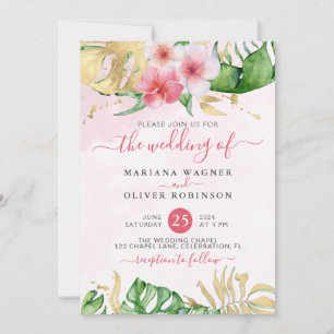 Convite Casamento com Floral Tropical Dourado em Aquarela