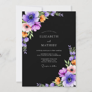 Convite Casamento com Floral Vibrante em Aquarela Preta