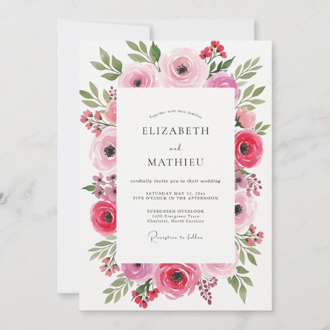 Convite Casamento com Floreio Artístico Rosa (Frente)