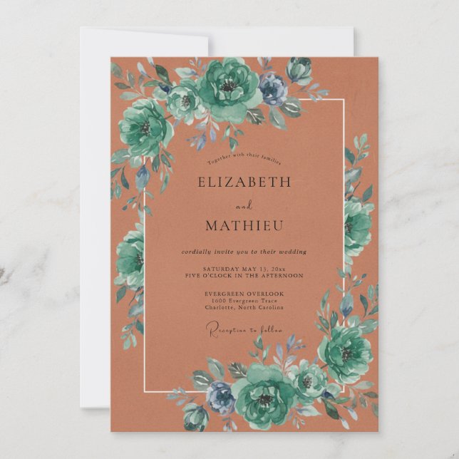Convite Casamento com Floreio Artístico Turquesa (Frente)
