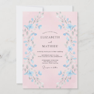 Convite Casamento com Floreio de Pincelada Azul Claro