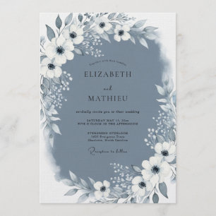 Convite Casamento com Floreio Painterly Azul Ardósia