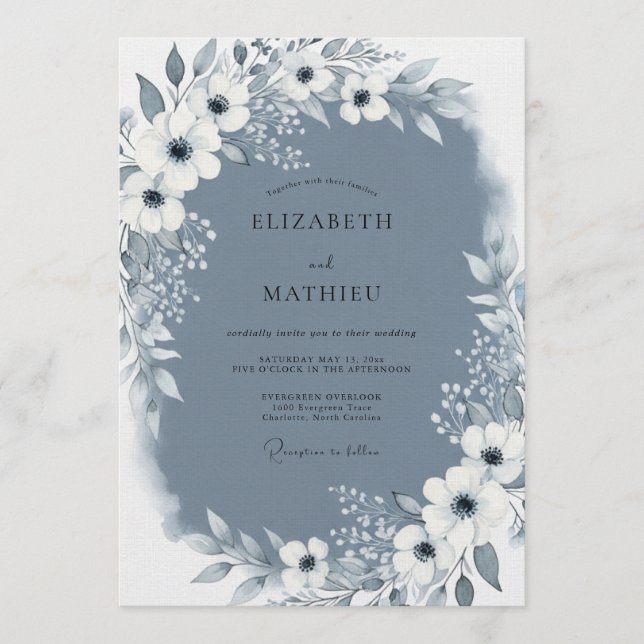 Convite Casamento com Floreio Painterly Azul Ardósia (Frente)