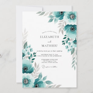 Convite Casamento com Floreio Pintado em Azul-verde