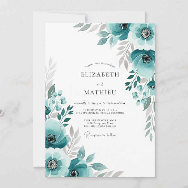 Convite Casamento com Floreio Pintado em Azul-verde (Frente)