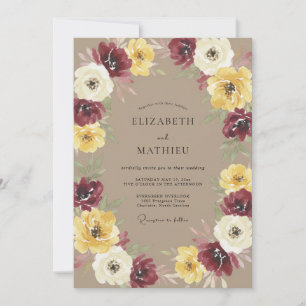 Convite Casamento com Flores Amarelas e Burgundy com Flore