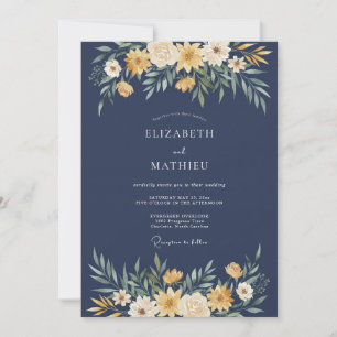 Convite Casamento com Flores Amarelas Navy