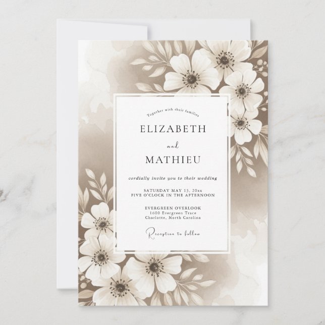 Convite Casamento com Flores Artísticas Bege (Frente)