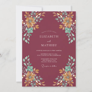 Convite Casamento com Flores Artísticas Burgundy