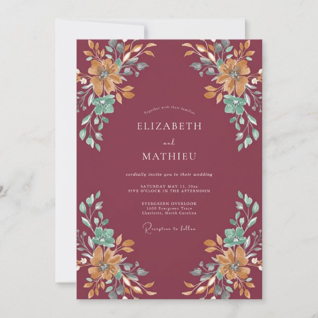 Convite Casamento com Flores Artísticas Burgundy (Frente)