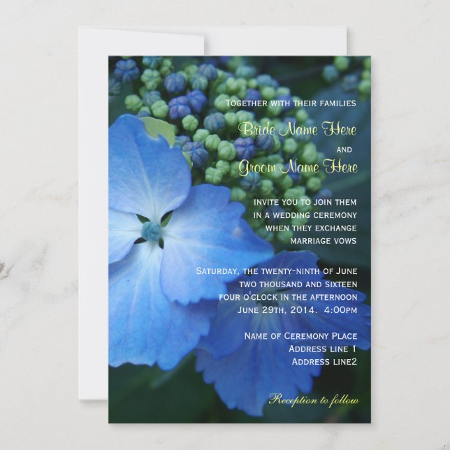 Convite Casamento com flores azuis de folha grande (Frente)
