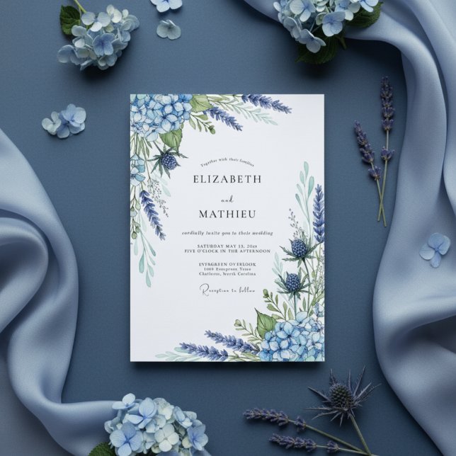Convite Casamento com Flores Azuis Desbotadas (Criador carregado)