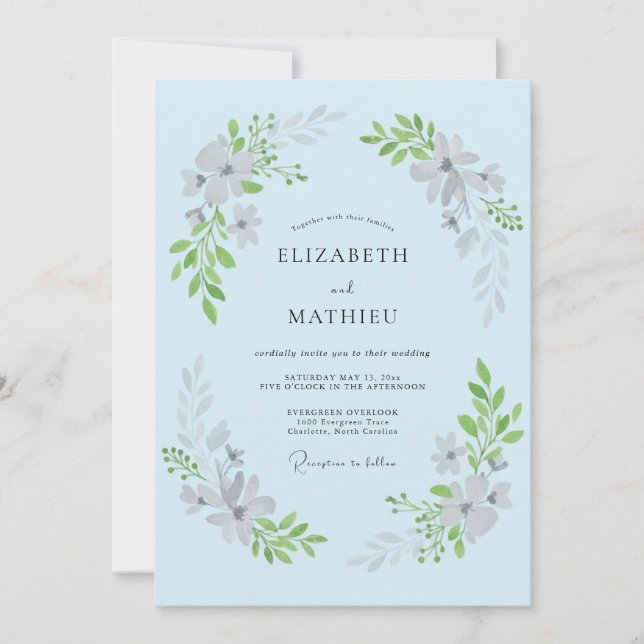 Convite Casamento com Flores Azuis Pastel em Profusão (Frente)