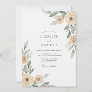 Convite Casamento com Flores Beige Pintadas à Mão