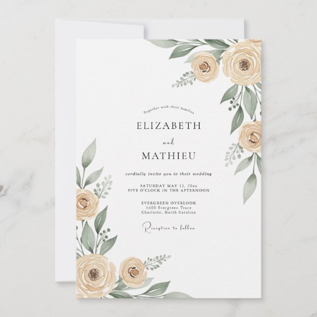 Convite Casamento com Flores Beige Pintadas à Mão (Frente)
