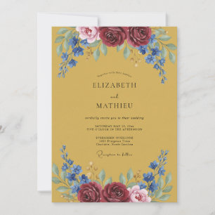 Convite Casamento com Flores Botânicas Azul Borgonha