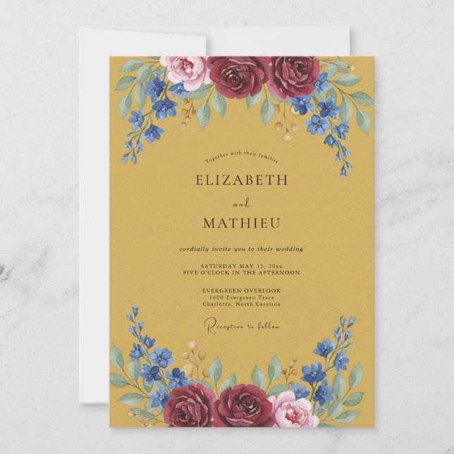 Convite Casamento com Flores Botânicas Azul Borgonha (Frente)