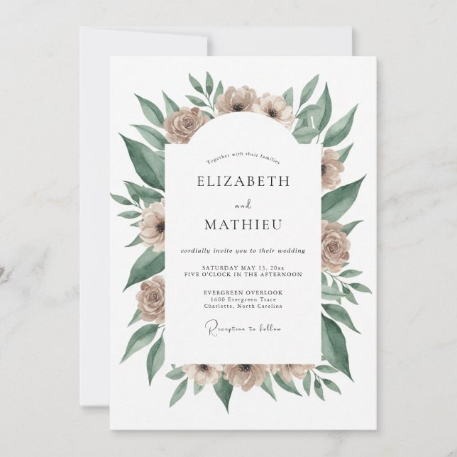 Convite Casamento com Flores Botânicas Bege (Frente)