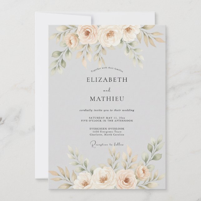 Convite Casamento com Flores Botânicas de Flor de Pessegue (Frente)