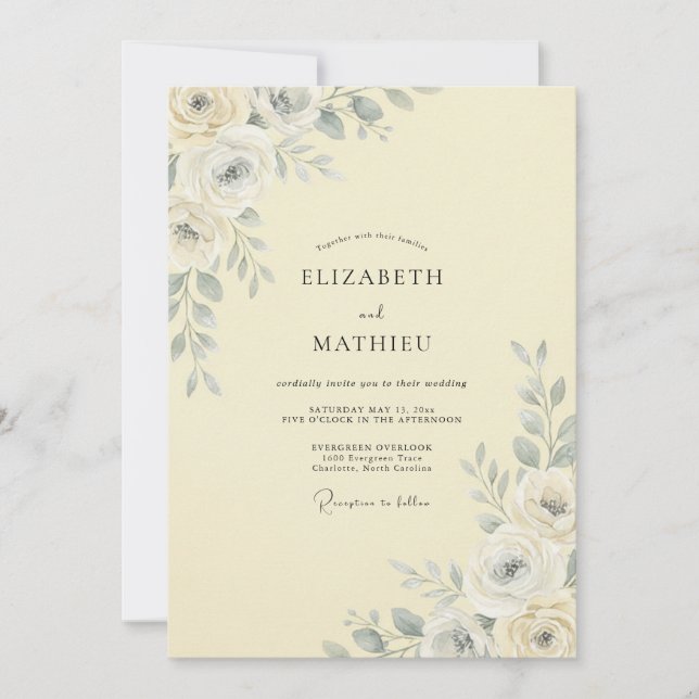 Convite Casamento com Flores Botânicas de Marfim (Frente)