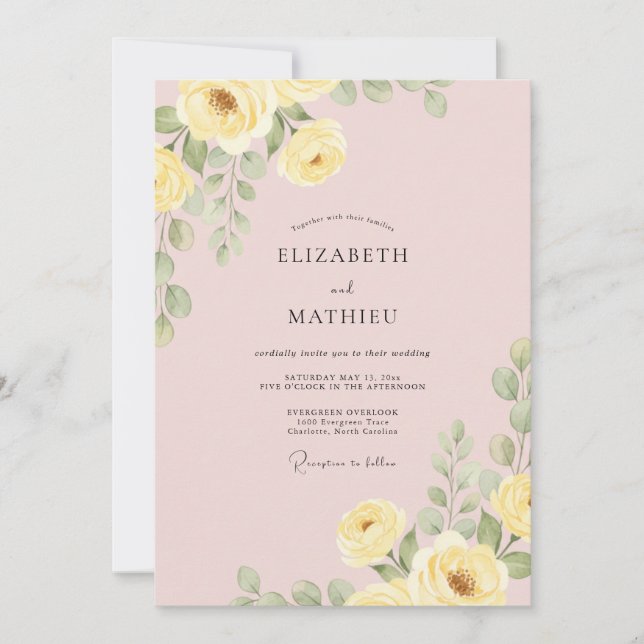 Convite Casamento com Flores Botânicas em Amarelo Suave (Frente)