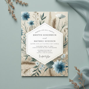 Convite Casamento com Flores Botânicas em Azul Desbotado