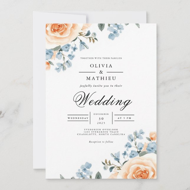 Convite Casamento com Flores Botânicas em Azul e Pêssego (Frente)