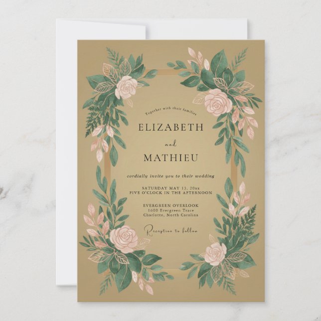 Convite Casamento com Flores Botânicas em Verde e Rubor (Frente)