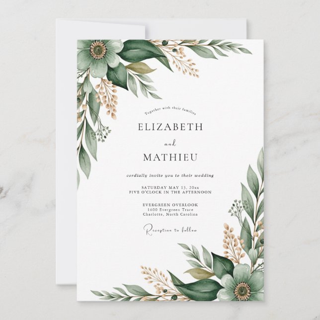 Convite Casamento com Flores Botânicas Esmeralda (Frente)