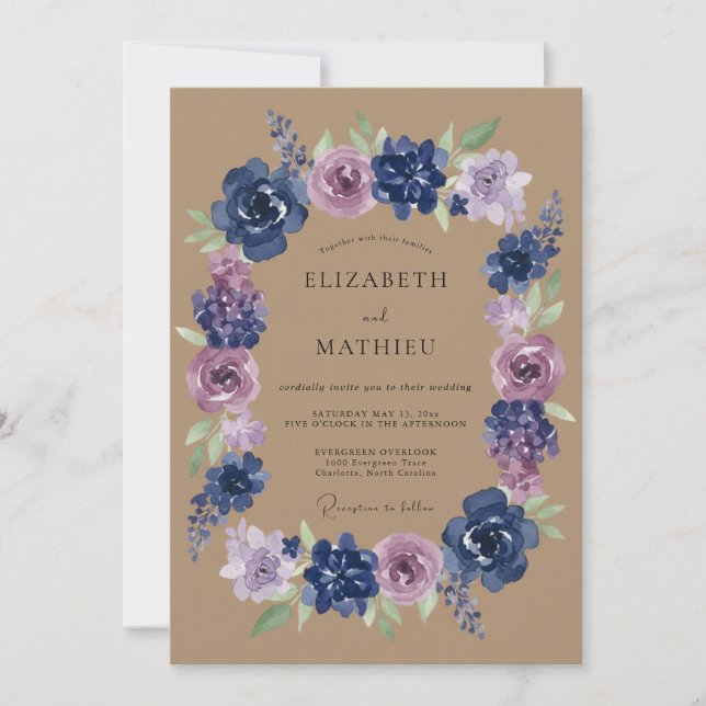 Convite Casamento com Flores Botânicas Lilás Navy (Frente)
