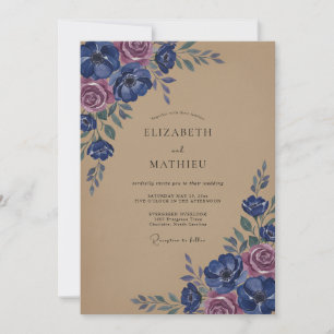 Convite Casamento com Flores Botânicas Navy Rose