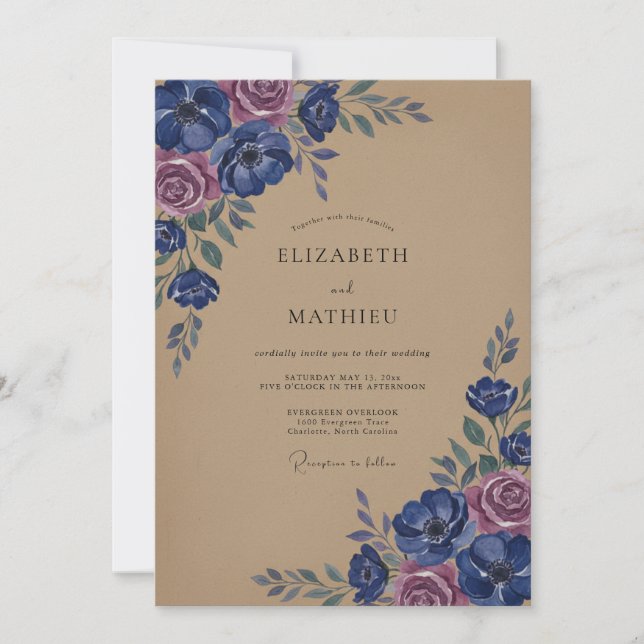 Convite Casamento com Flores Botânicas Navy Rose (Frente)