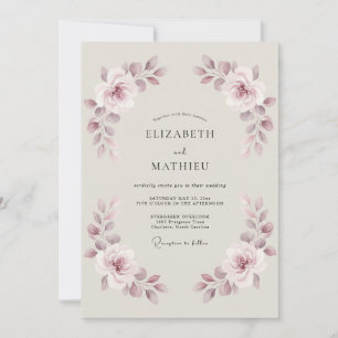 Convite Casamento com Flores Botânicas Rosa Desbotado
