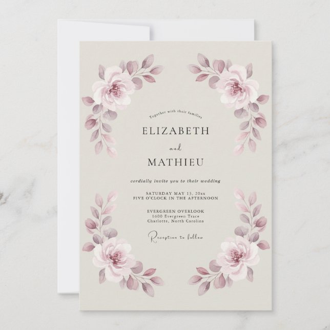 Convite Casamento com Flores Botânicas Rosa Desbotado (Frente)