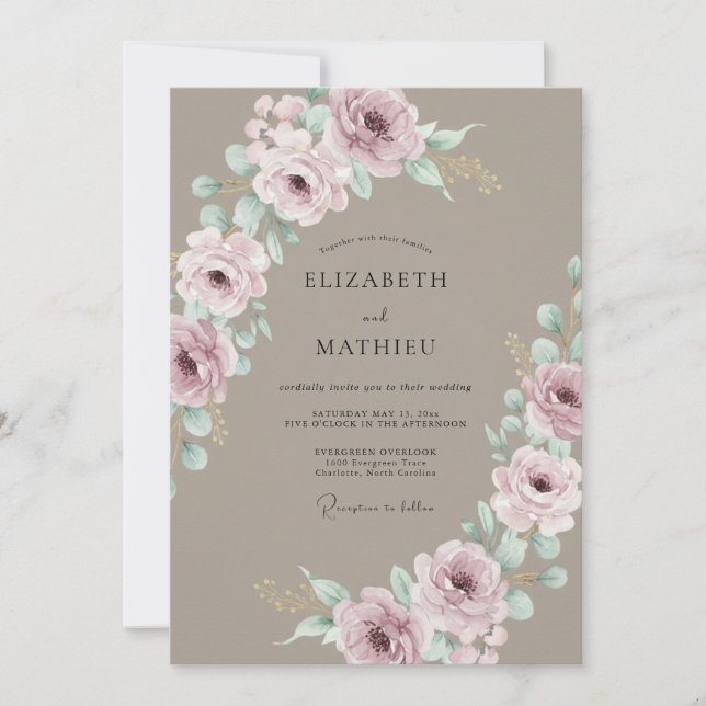 Convite Casamento com Flores Botânicas Rosa Empoeirada (Frente)