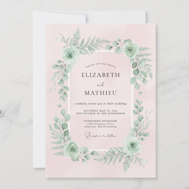 Convite Casamento com Flores Botânicas Rosa Pálido (Frente)