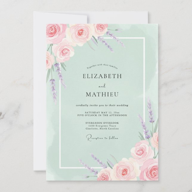 Convite Casamento com Flores Botânicas Rosa Pastel (Frente)