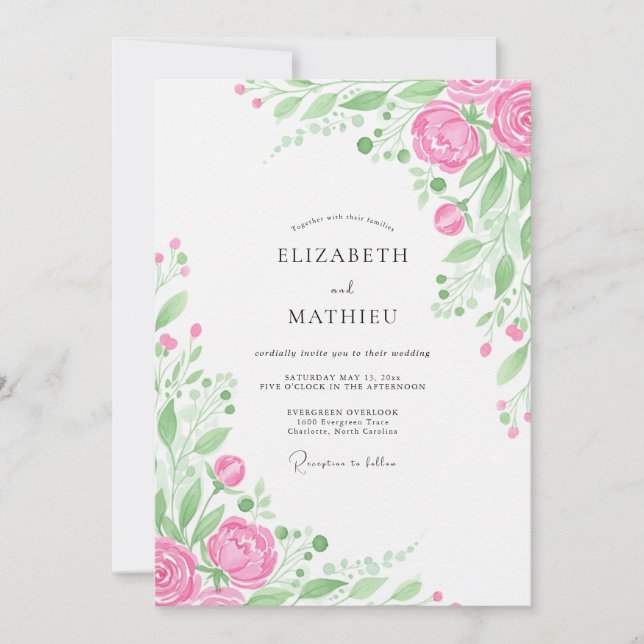 Convite Casamento com Flores Botânicas Rosas (Frente)