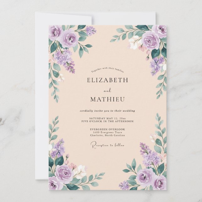 Convite Casamento com Flores Botânicas Roxas Empoeiradas (Frente)